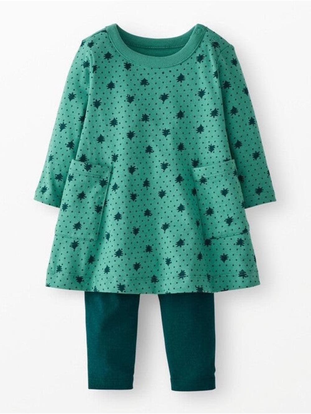 Hanna Andersson Baby Girl Green Forest Printed Pocket Dress & Legging Set 6-12M